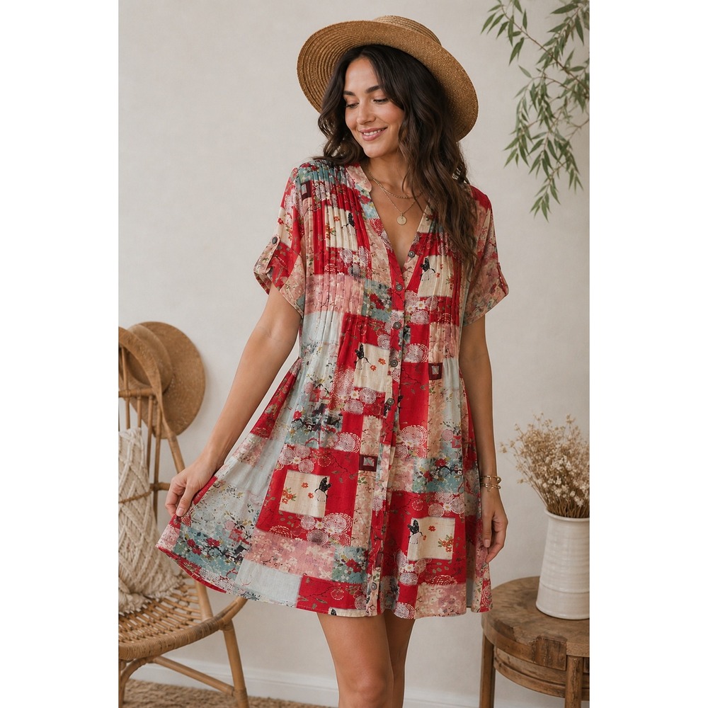 Blue Sky Red Patchwork Linen Bamboo Fair Trade Boho Dress Cottage Sz 2X Western